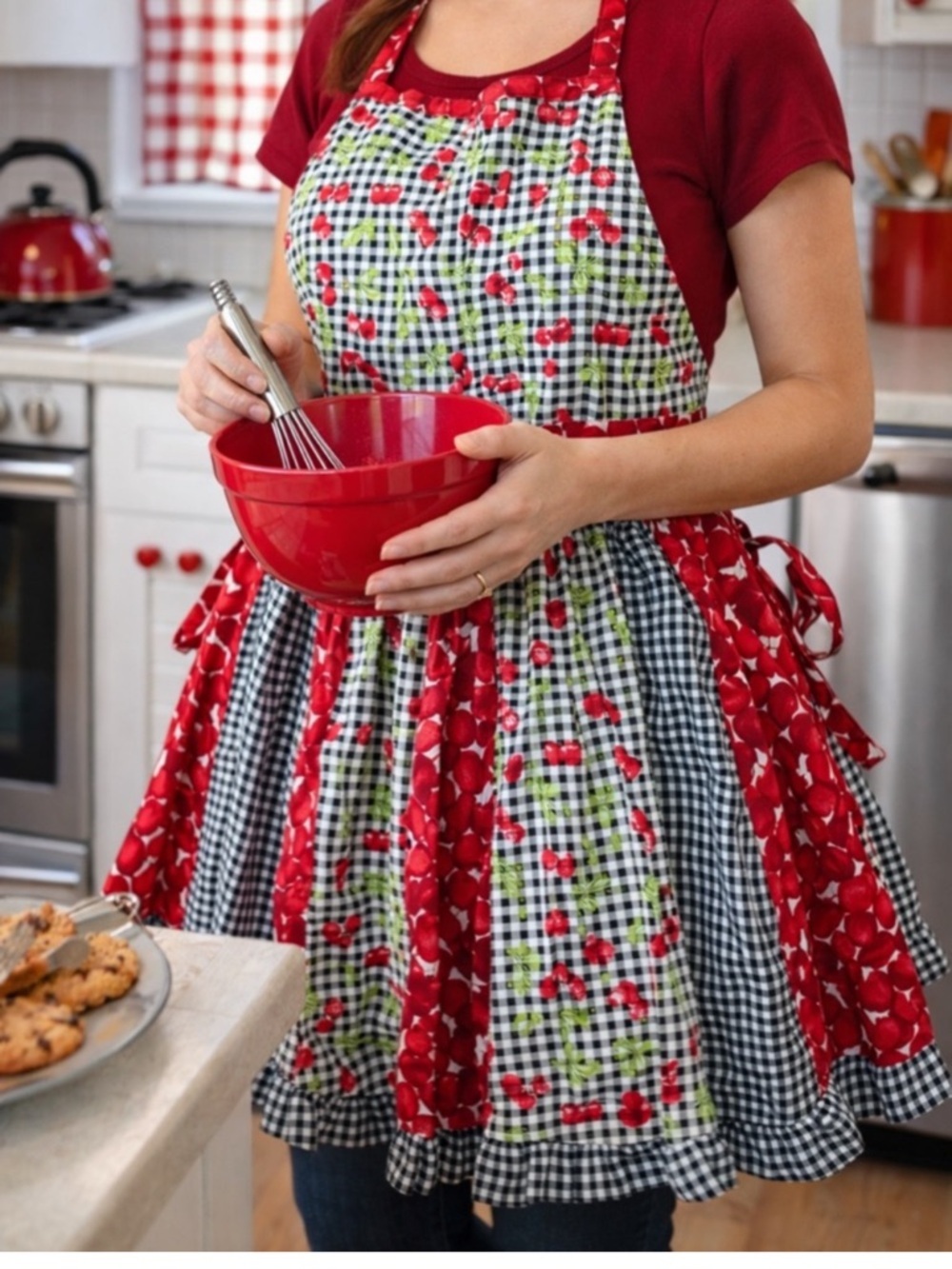 Vintage Rockabilly Cherries and Gingham Print Bib Apron